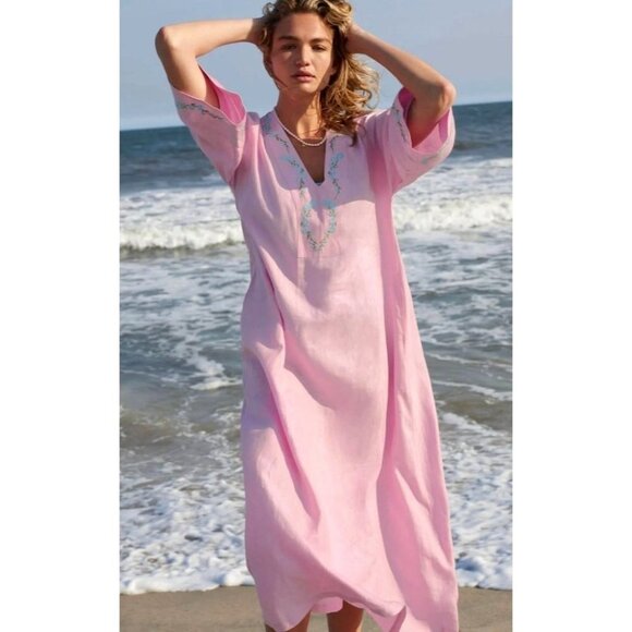Fanm Mon x‎ Andie Dress Women Small Pink Linen Embroidered The Kepez Kaftan Maxi - Picture 1 of 15